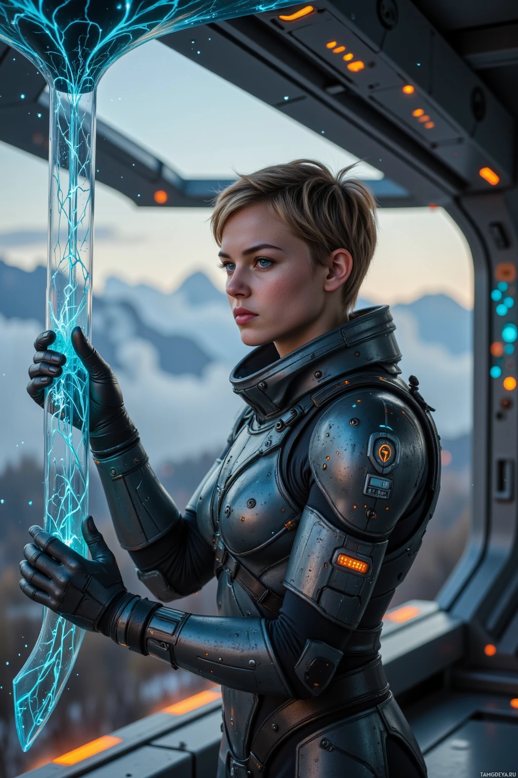 Человек в футуристических доспехах держит светящийся синим светом энергетический посох внутри космического корабля.