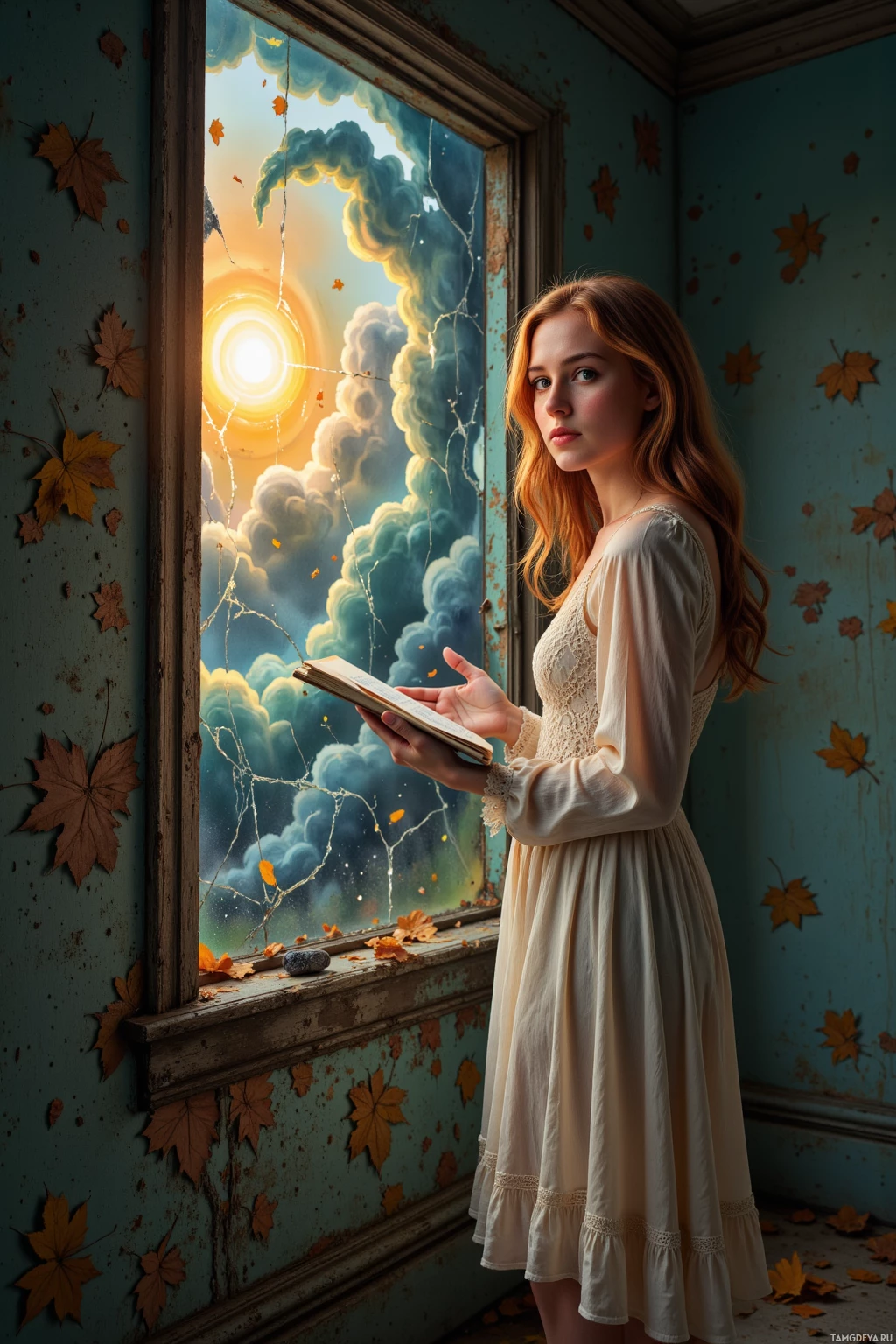 В белом платье женщина стоит у окна с потрескавшейся рамой, держа в руках раскрытую книгу, вокруг неё — опавшие осенние листья.