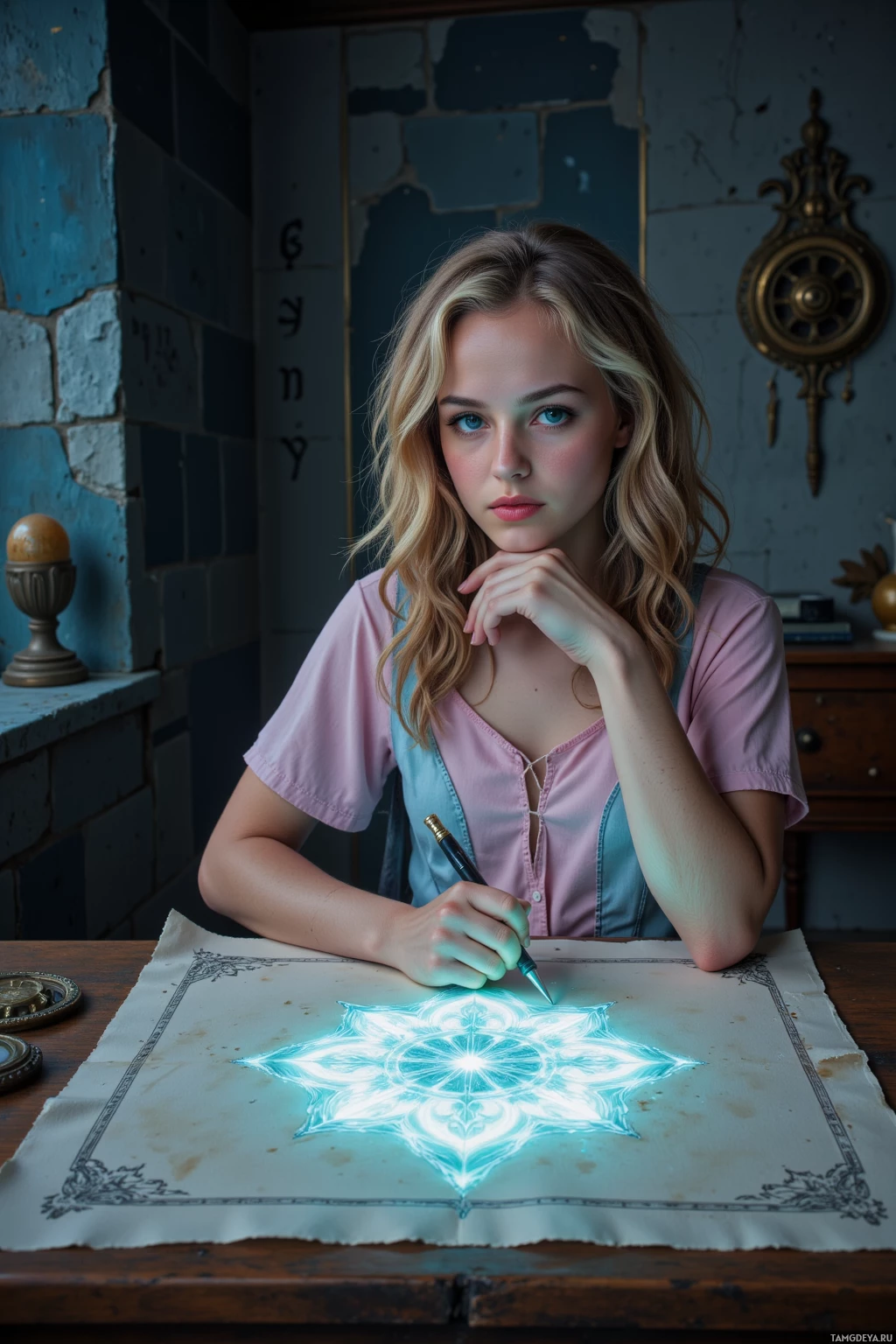 Человек рисует светящийся, замысловатый геометрический узор на листе бумаги.