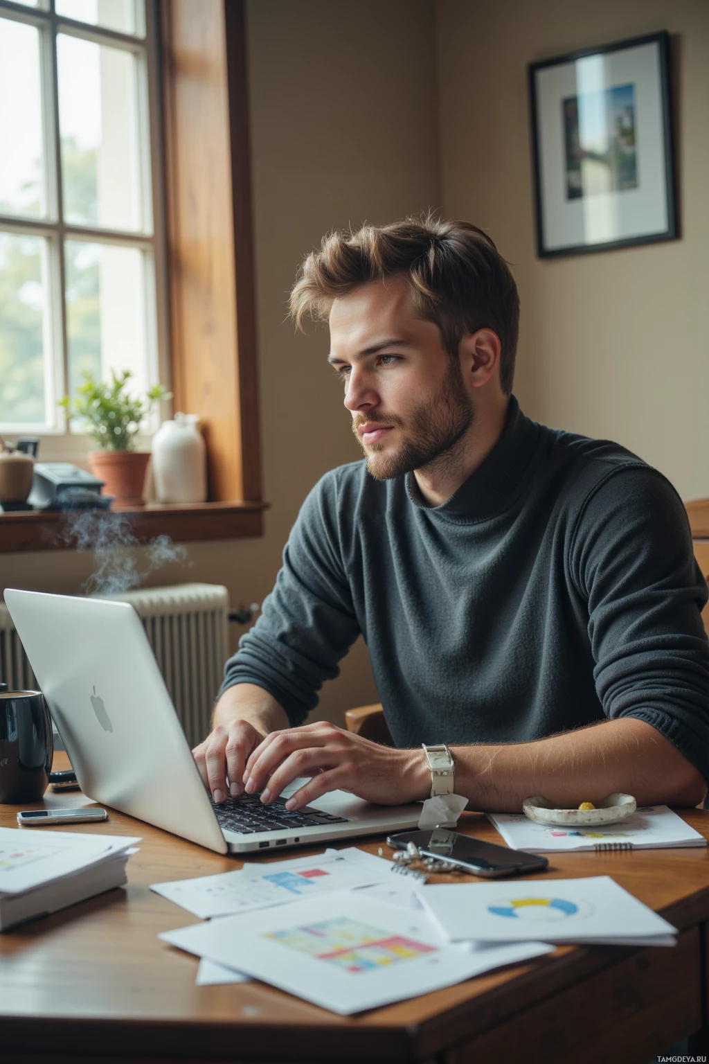 Мужчина работает за столом с ноутбуком, вокруг него множество бумаг, а на заднем плане виднеется окно.