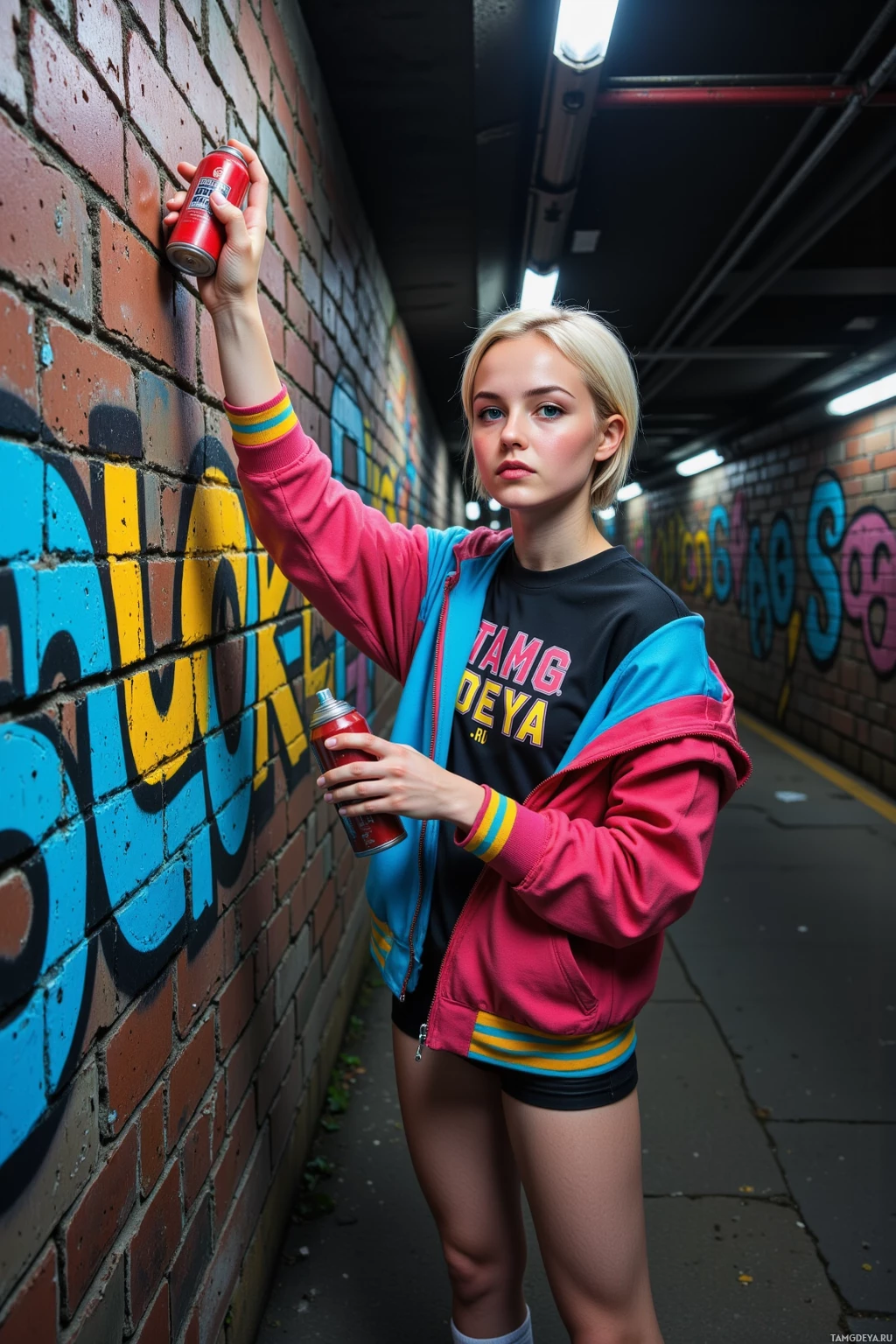 Человек стоит в переулке, заваленном граффити, с баллончиком краски в руке.