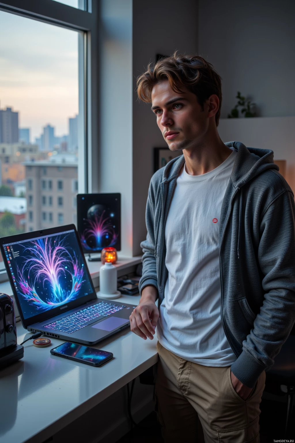 Человек стоит у стола с ноутбуком и смартфоном, глядя в окно с видом на город.