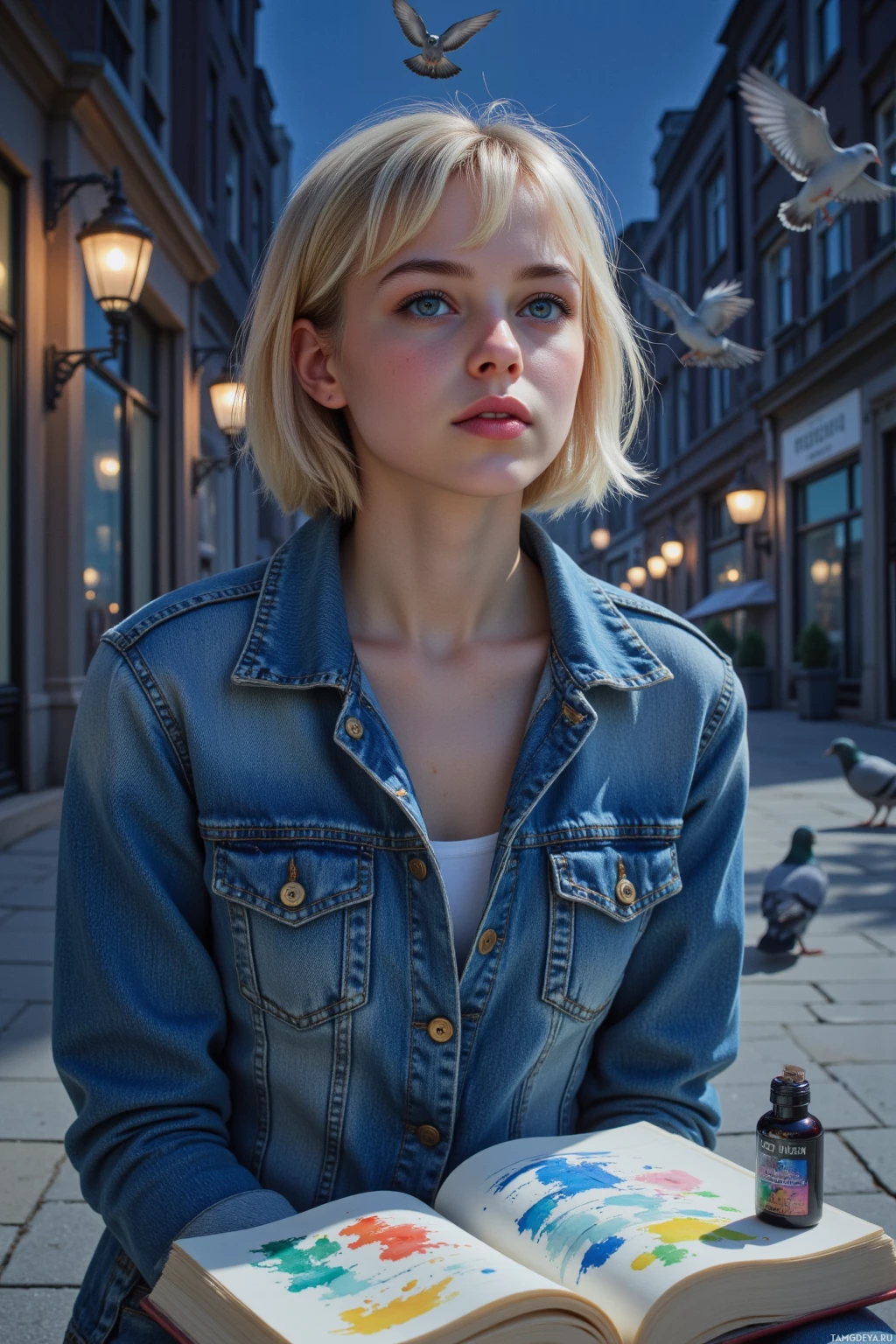 Человек в джинсовой куртке сидит на улице среди голубей, рядом открытая книга с яркими пятнами краски.