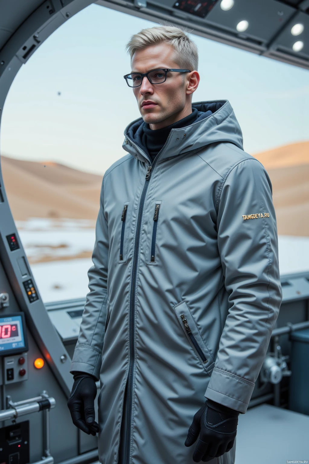 Человек в серой куртке и чёрных перчатках стоит на фоне футуристического пейзажа, сквозь круглое окно которого видна пустынная местность.