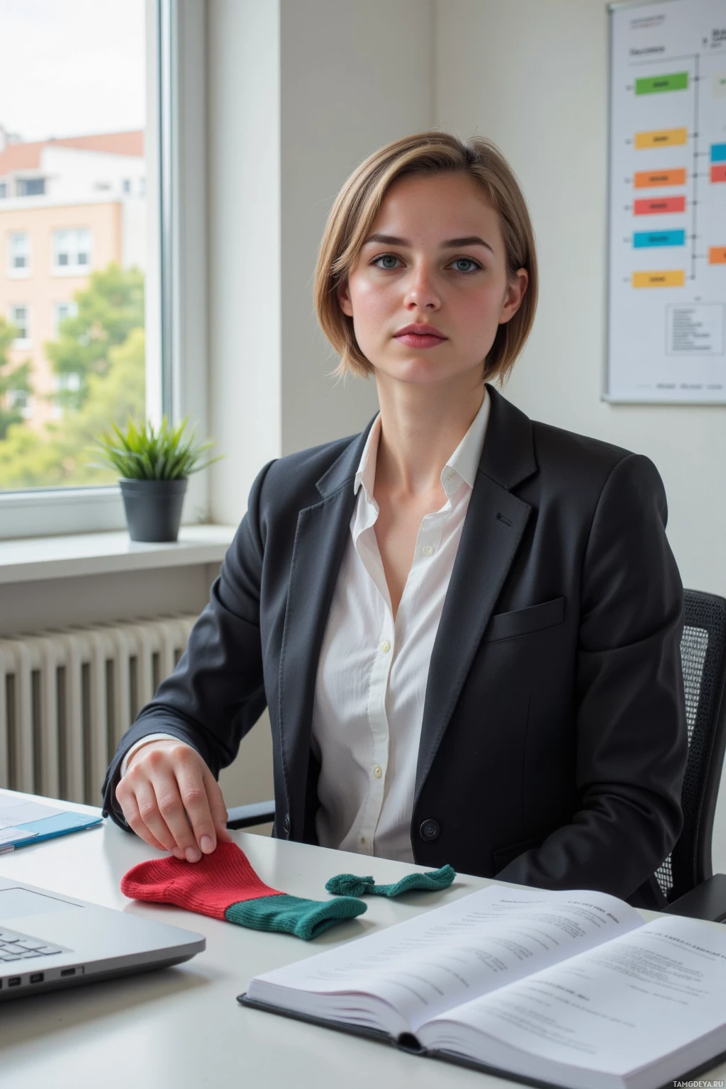 Женщина в рабочей обстановке сидит за столом с ноутбуком и блокнотом, рядом лежат носки.