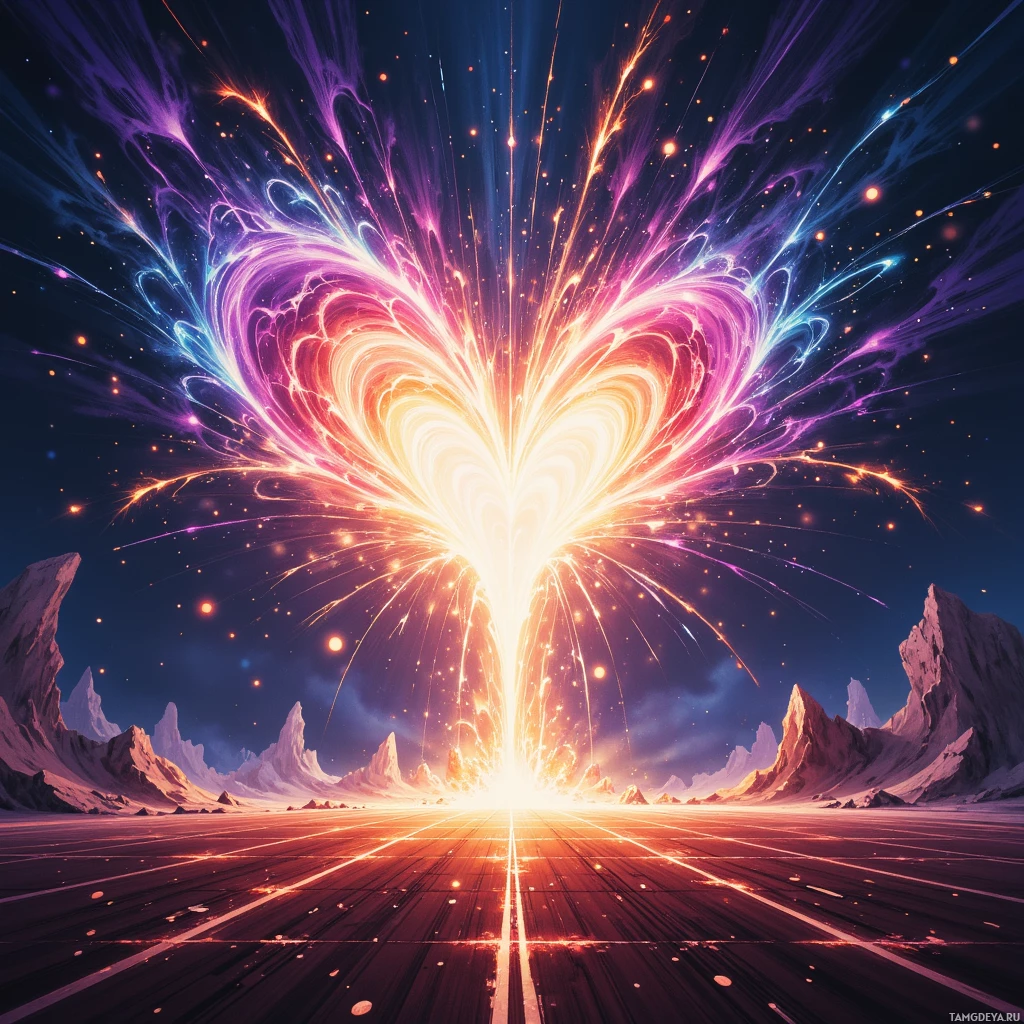Яркая космическая сцена с сердцевидным всплеском света и разноцветными потоками энергии на фоне звездного неба.