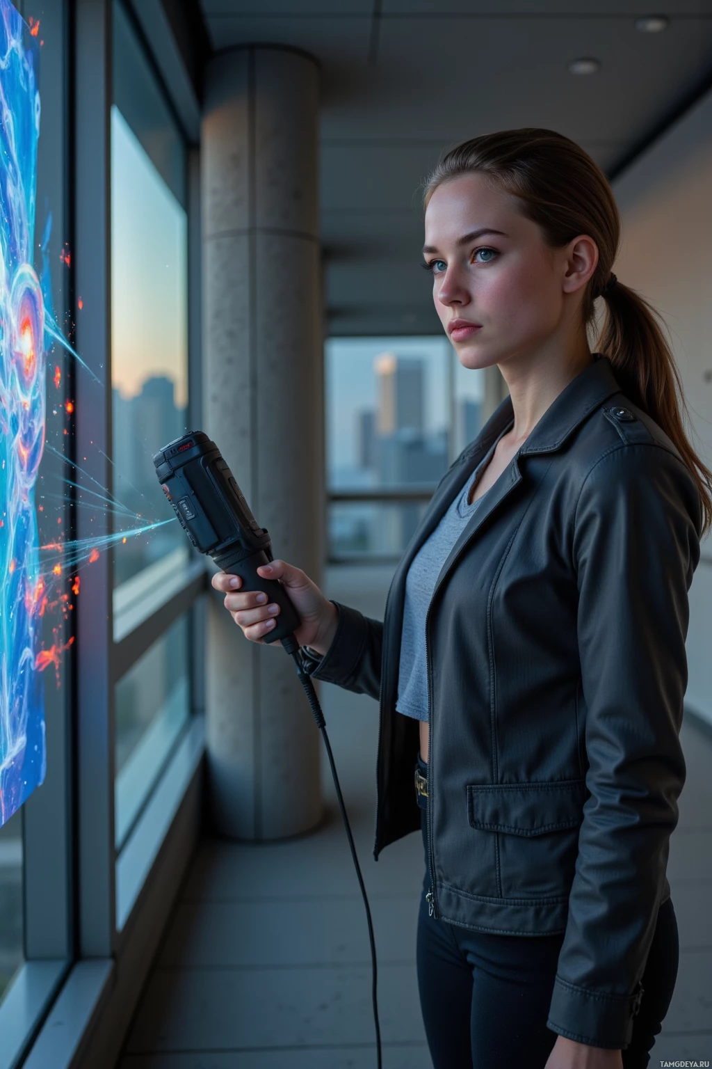 Человек стоит у окна, держа в руках устройство, от которого исходят светящиеся линии.