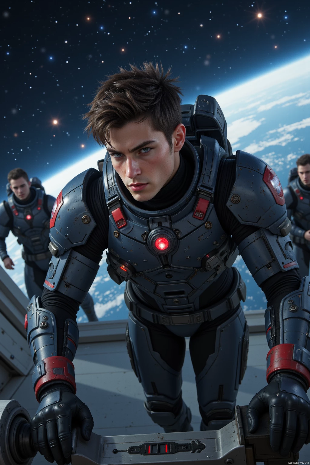 Человек в футуристических доспехах на фоне звездного космоса.