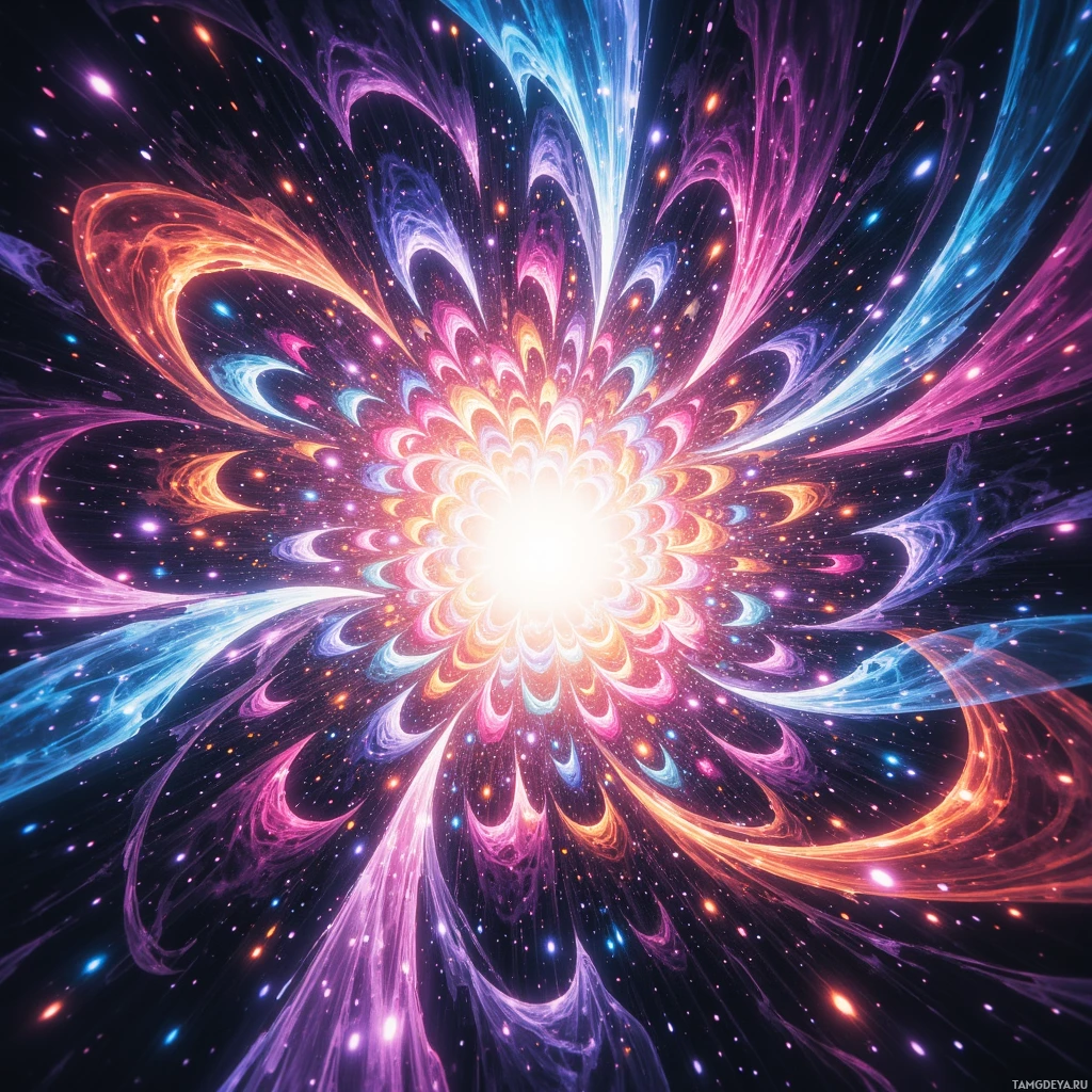 Яркая, абстрактная космическая сцена с завихряющимися узорами и сияющими звездами.