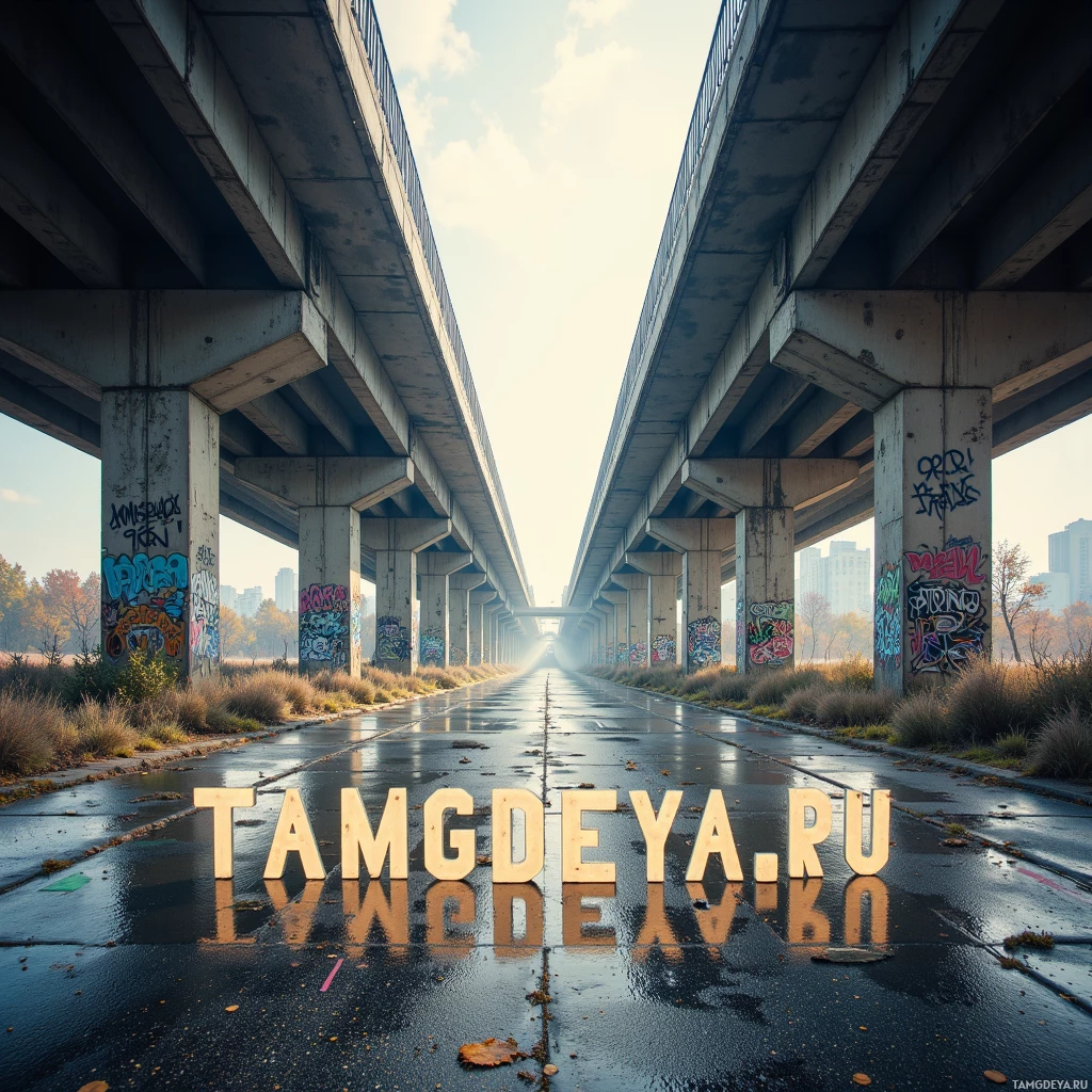 Мокрая дорога под эстакадой с граффити на опорах.