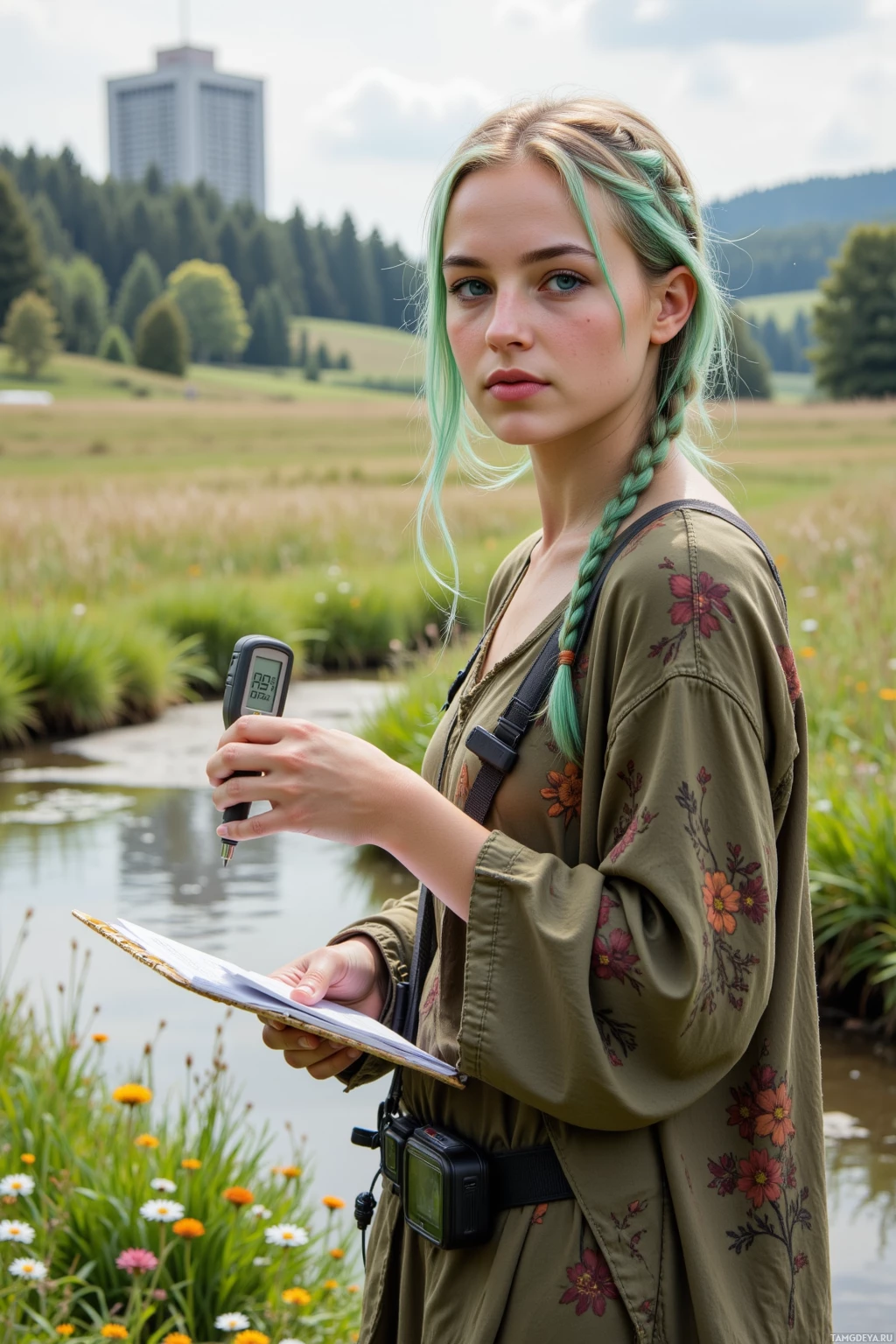 Человек стоит на улице, держа в руках устройство и блокнот, на заднем плане живописный пруд и деревья.