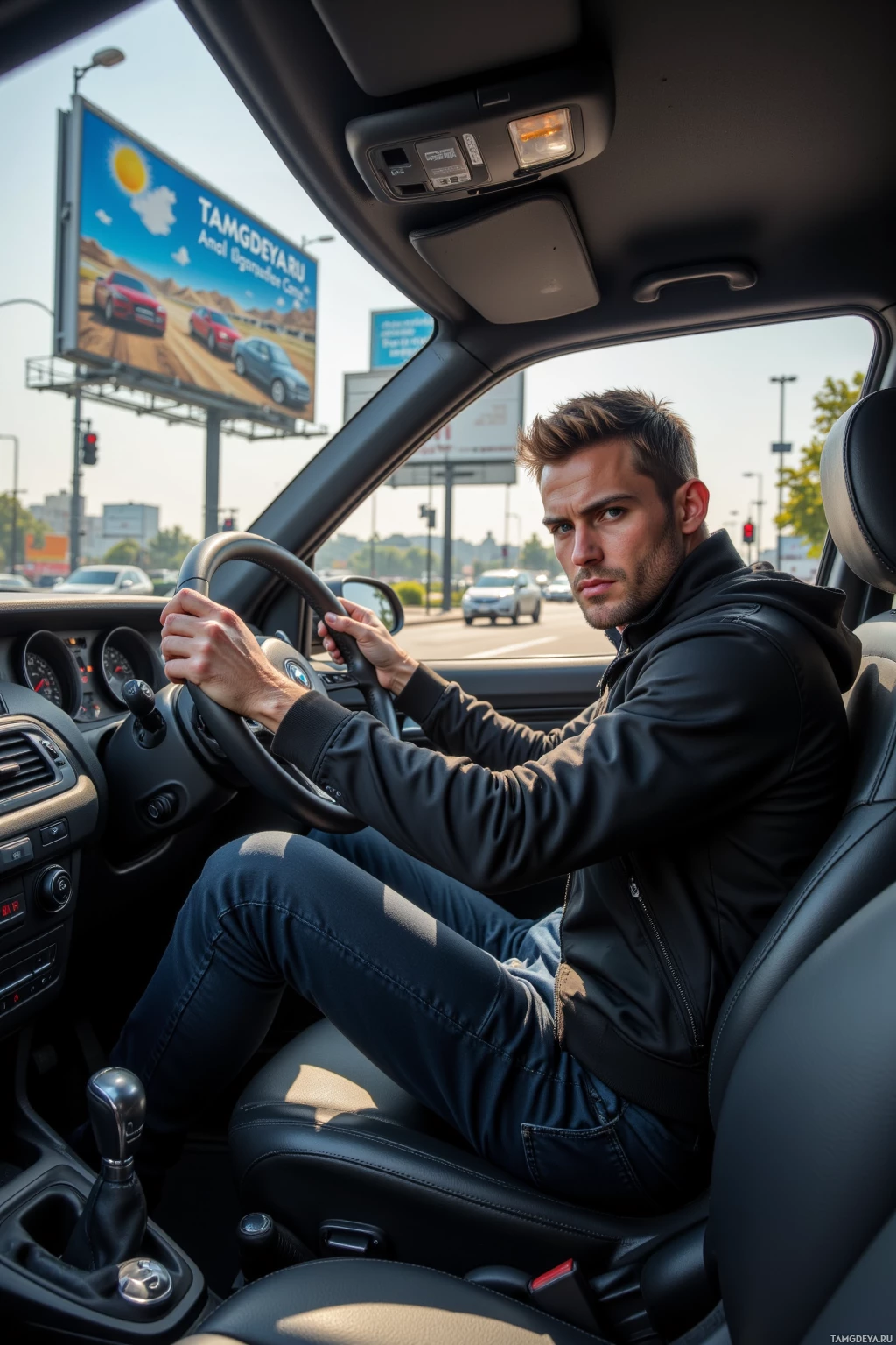 Мужчина едет в машине в солнечный день.