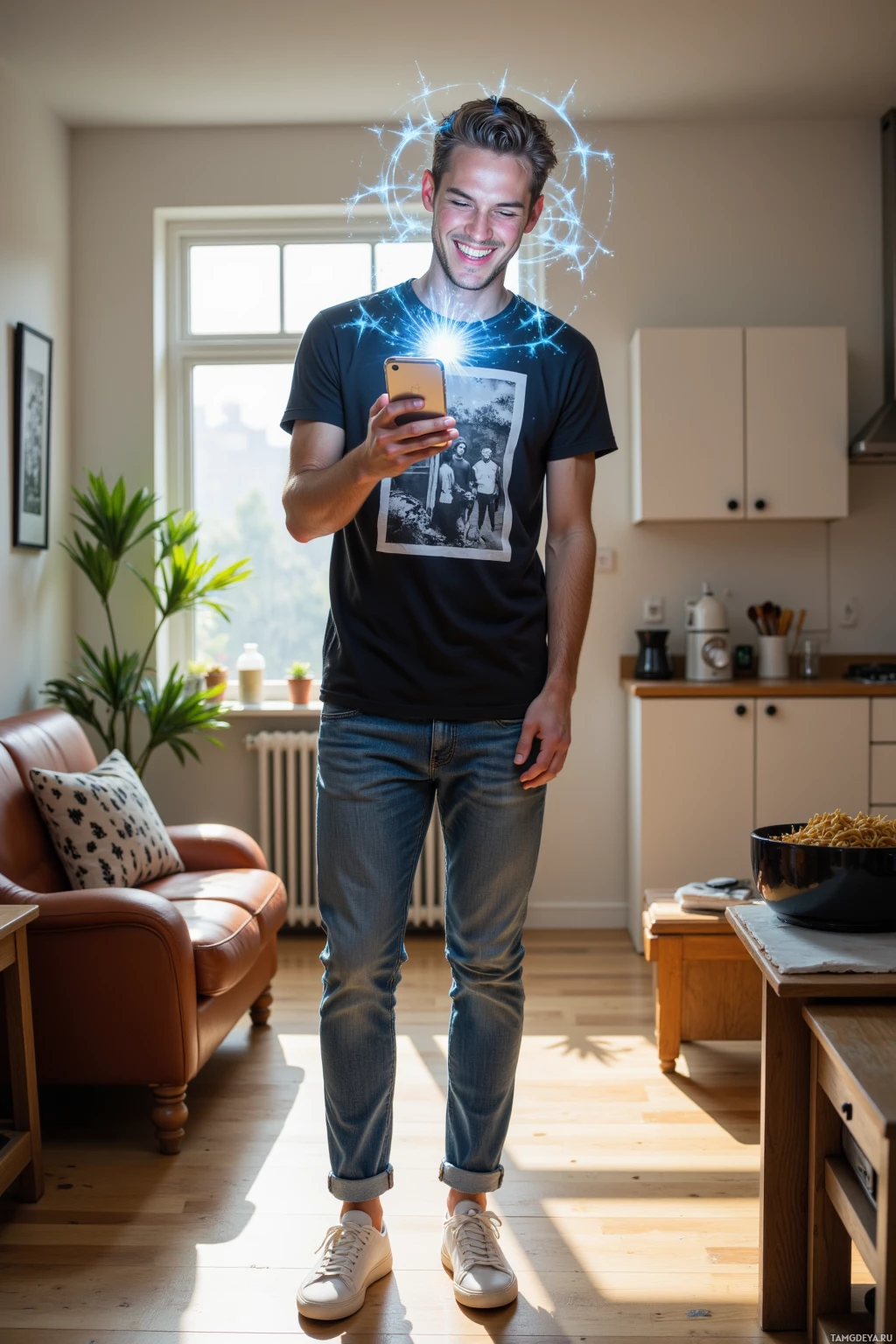 Мужчина стоит в светлой комнате, держа в руках телефон, над которым светится эффектный ореол.