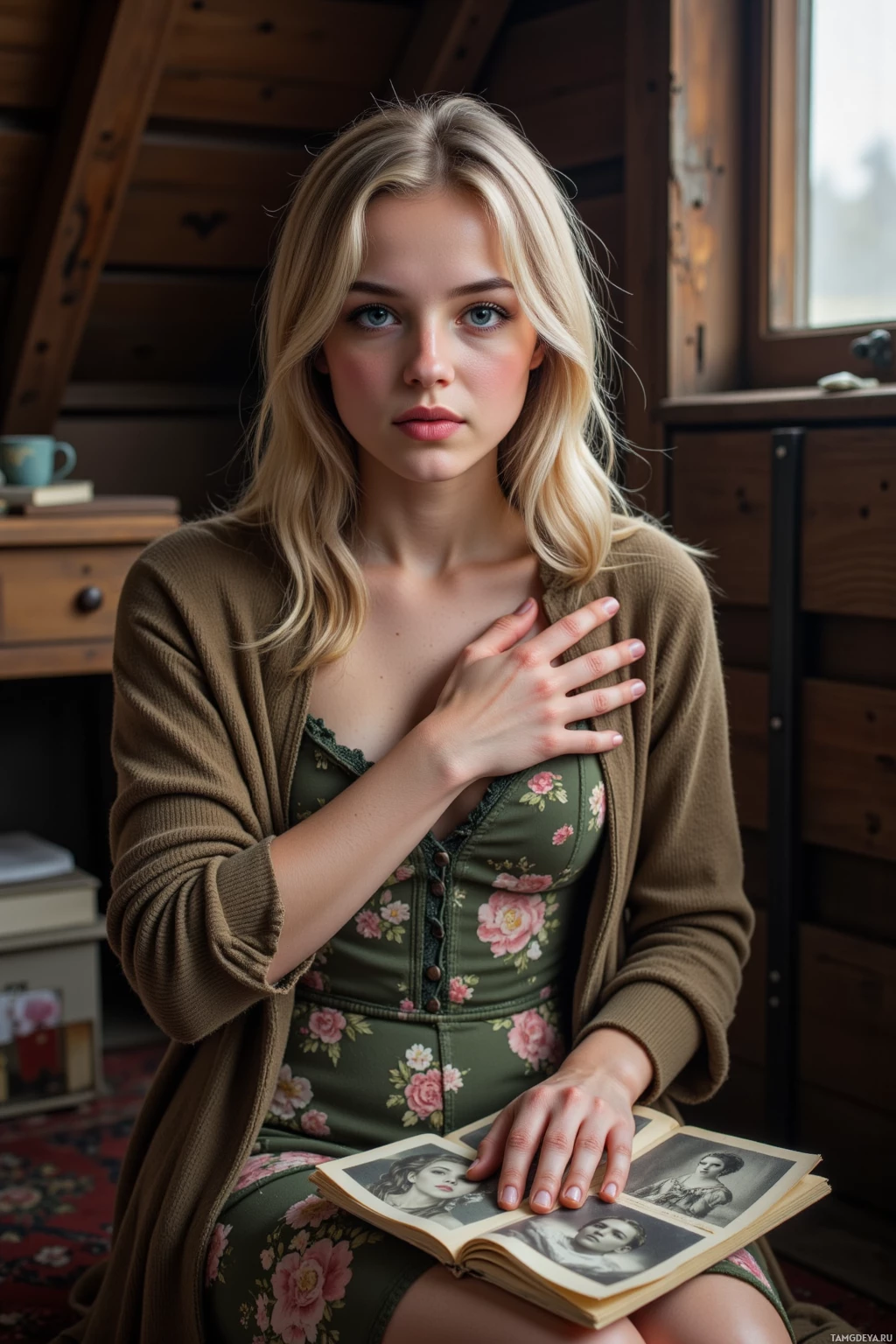 Женщина в цветочном платье и кардигане держит в руках открытую книгу с фотографиями.