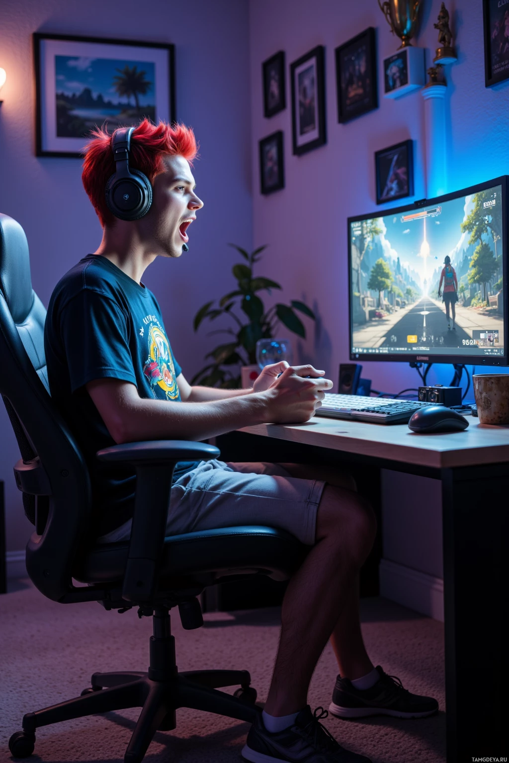 Человек с рыжими волосами, в наушниках, сидит за столом и играет в видеоигру на мониторе компьютера.