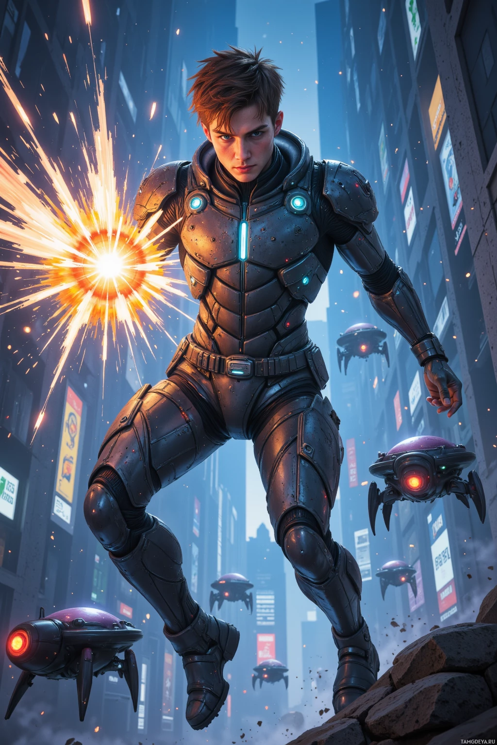 Футуристический бронированный воин возвышается на фоне городского пейзажа, освещенного светящимися частицами и парящими дронами.