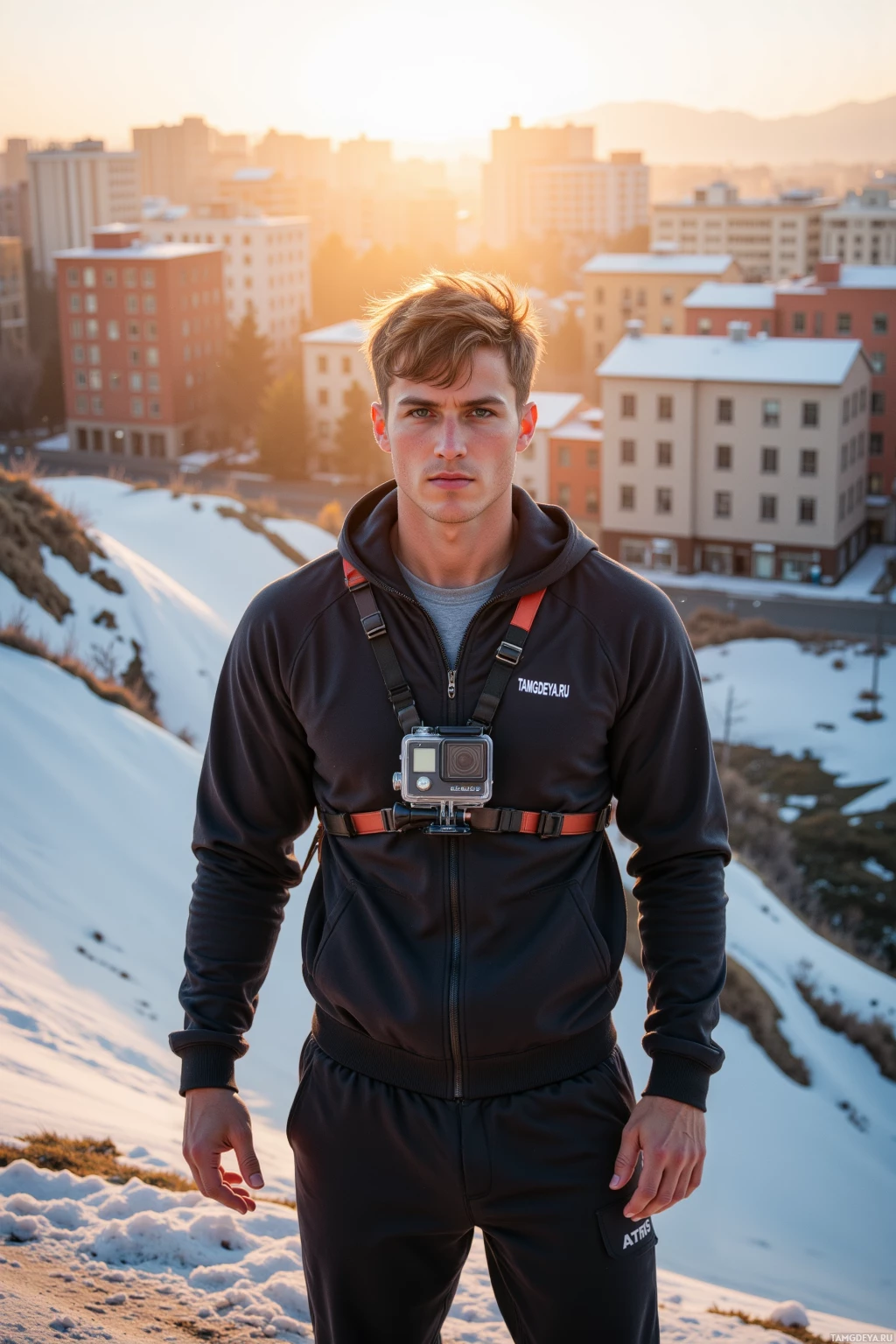 Человек стоит на улице зимой, одетый в черный спортивный костюм и держа на шнуре фотоаппарат.