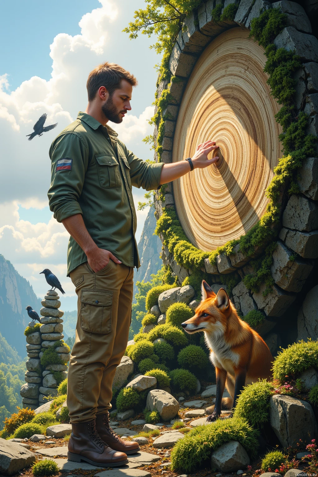 Мужчина в форме, напоминающей военную, стоит рядом с лисой и каменной конструкцией с кольцеобразным узором, на фоне природы.