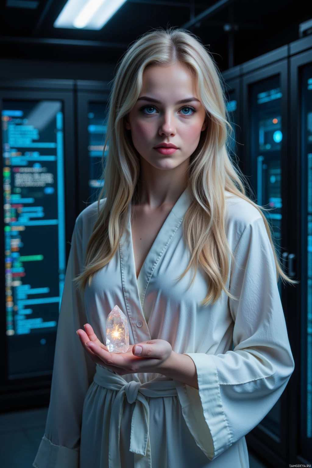 Человек в белом одеянии держит светящийся кристалл на фоне футуристического пейзажа.