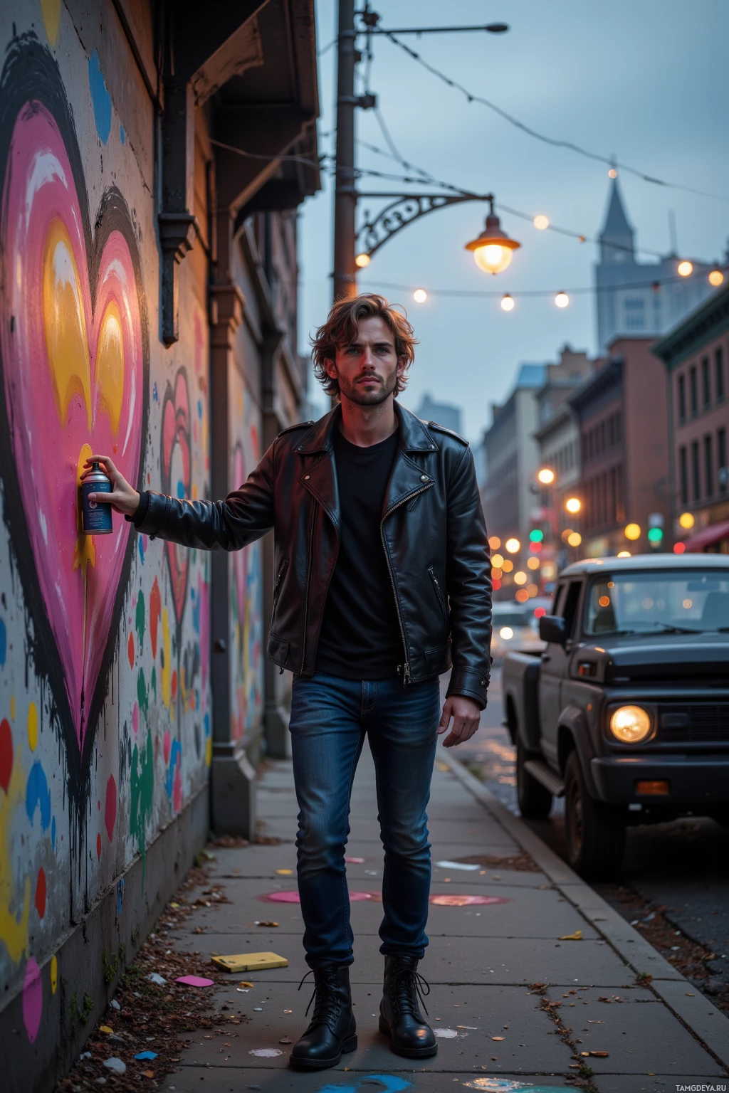 Мужчина в кожаной куртке стоит на тротуаре возле стены, покрытой граффити, с баллончиком в руках.