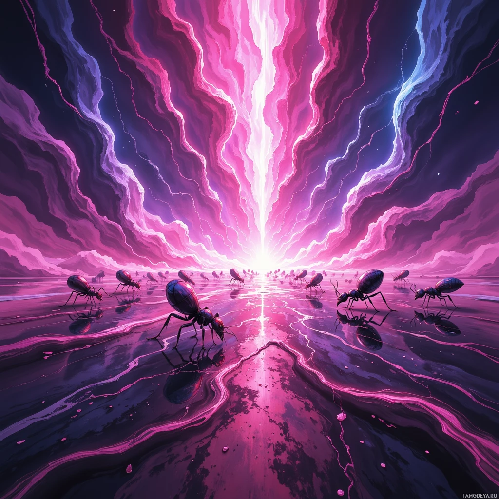 Сюрреалистичная сцена: муравьи на отражающей поверхности на фоне ярких, абстрактных и красочных космических узоров.