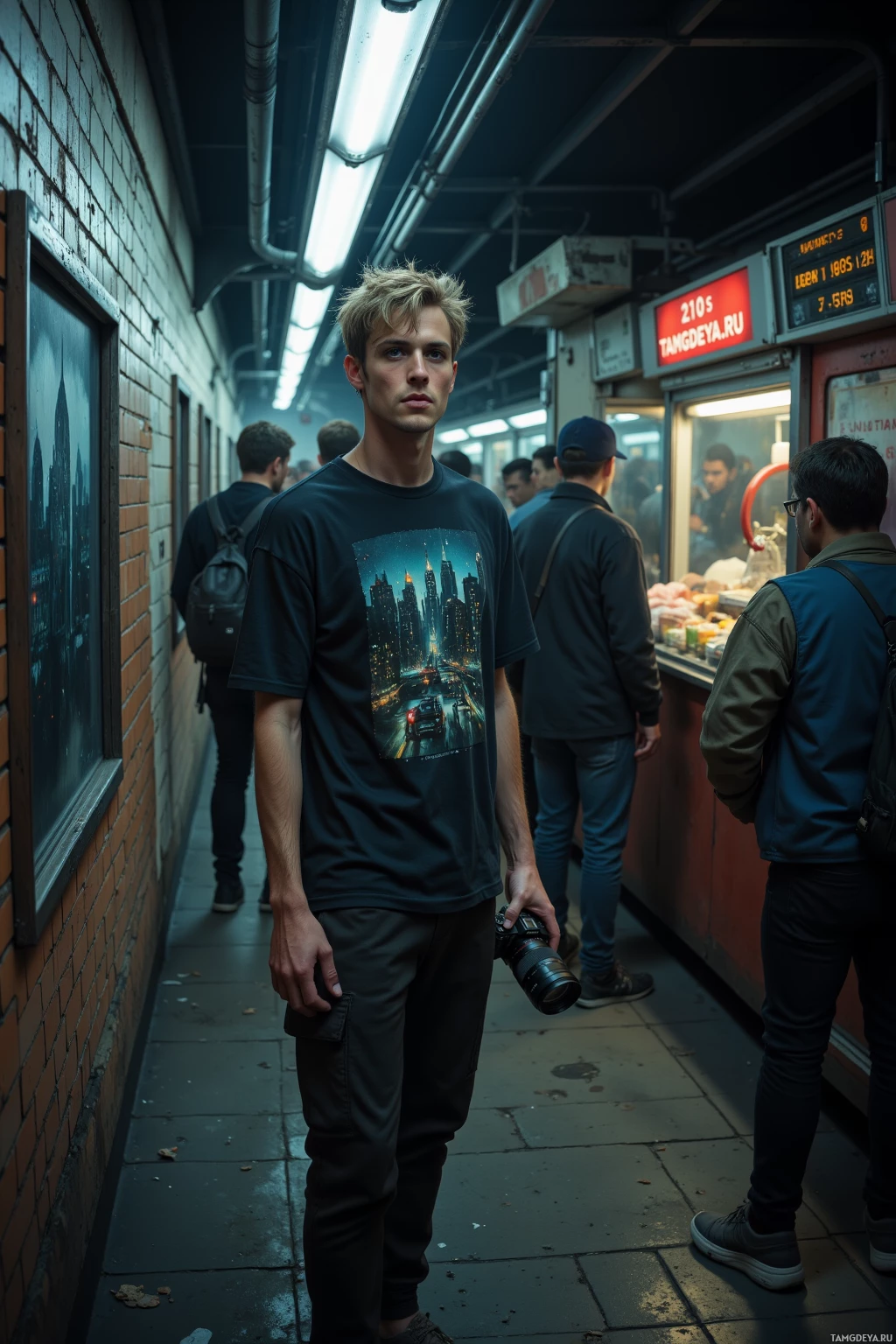 Молодой человек стоит на станции метро с фотоаппаратом, среди других пассажиров.