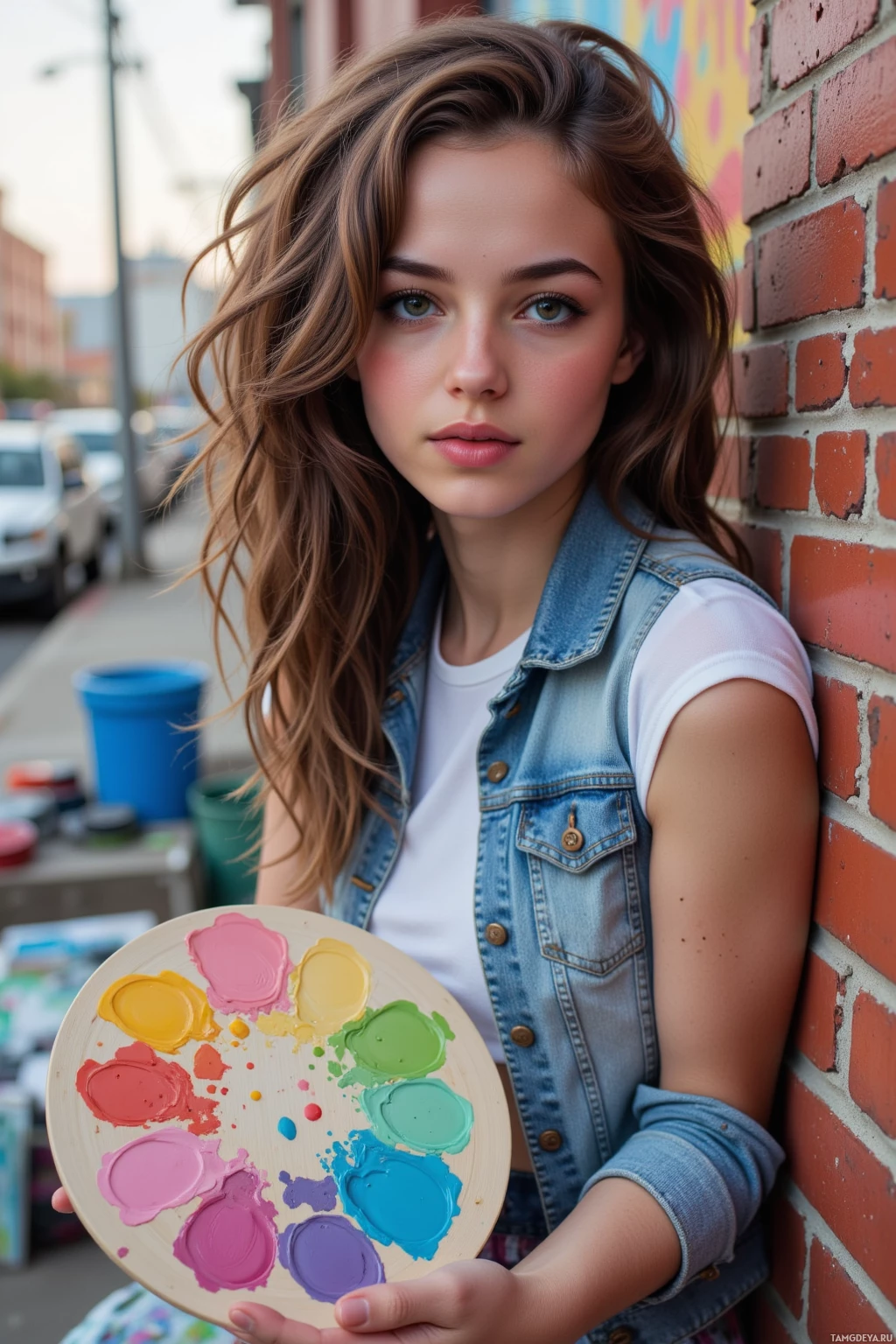 Молодой человек с длинными волосами опирается о кирпичную стену, держа в руках палитру с красками.