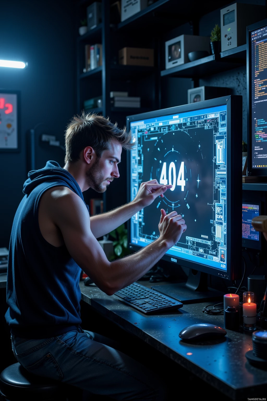 Мужчина работает за компьютером, на экране которого сообщение об ошибке 404.