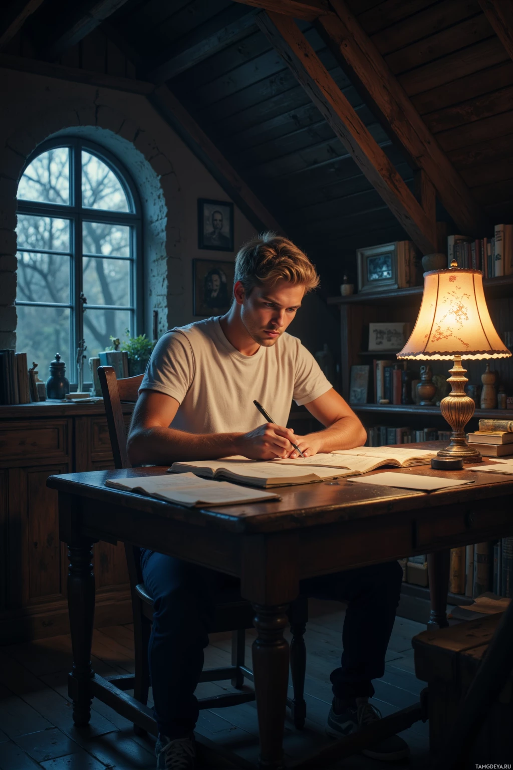 Человек сидит за столом в полумраке, что-то записывает в блокнот под светом лампы.