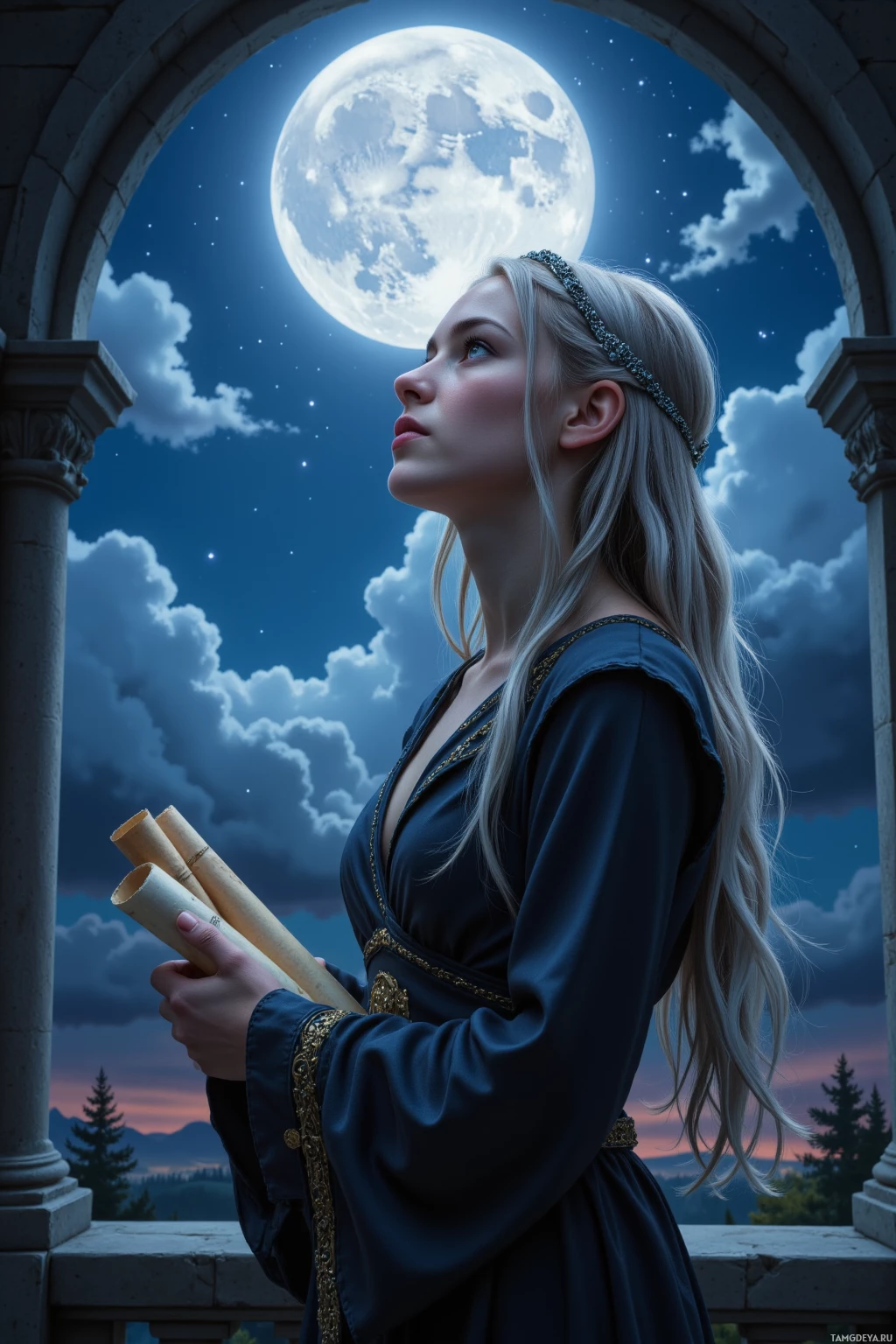 В темно-синем платье женщина стоит под аркой, держа свитки, на фоне полной луны и звездного неба.