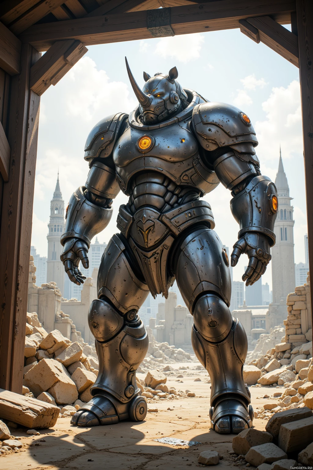 Огромный бронированный робот-носорог возвышается посреди обломков в разрушенном городе.
