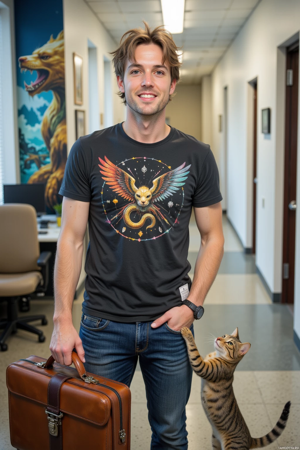 Мужчина в футболке и джинсах стоит в офисной галерее, держа портфель, а на его руке сидит кошка.