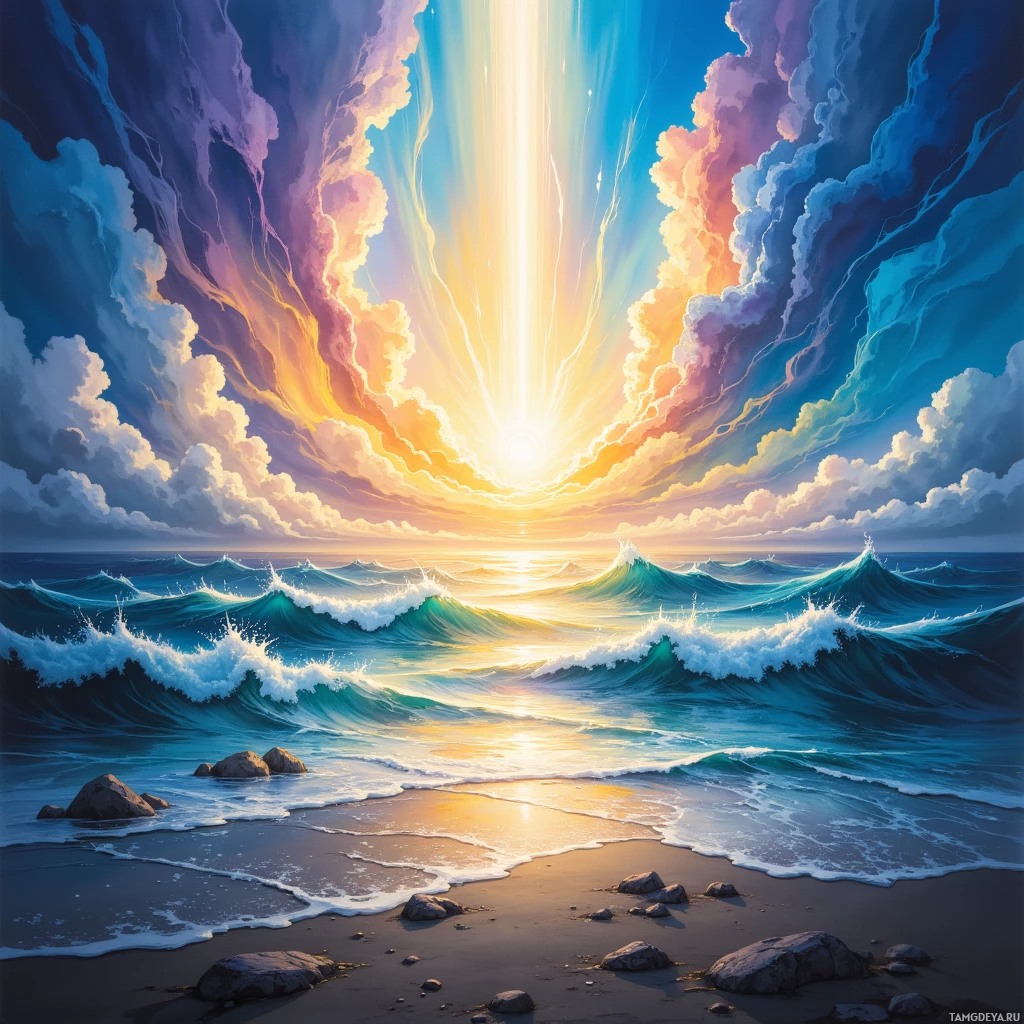 Яркий закат над океаном с грозными облаками и разбивающимися волнами.