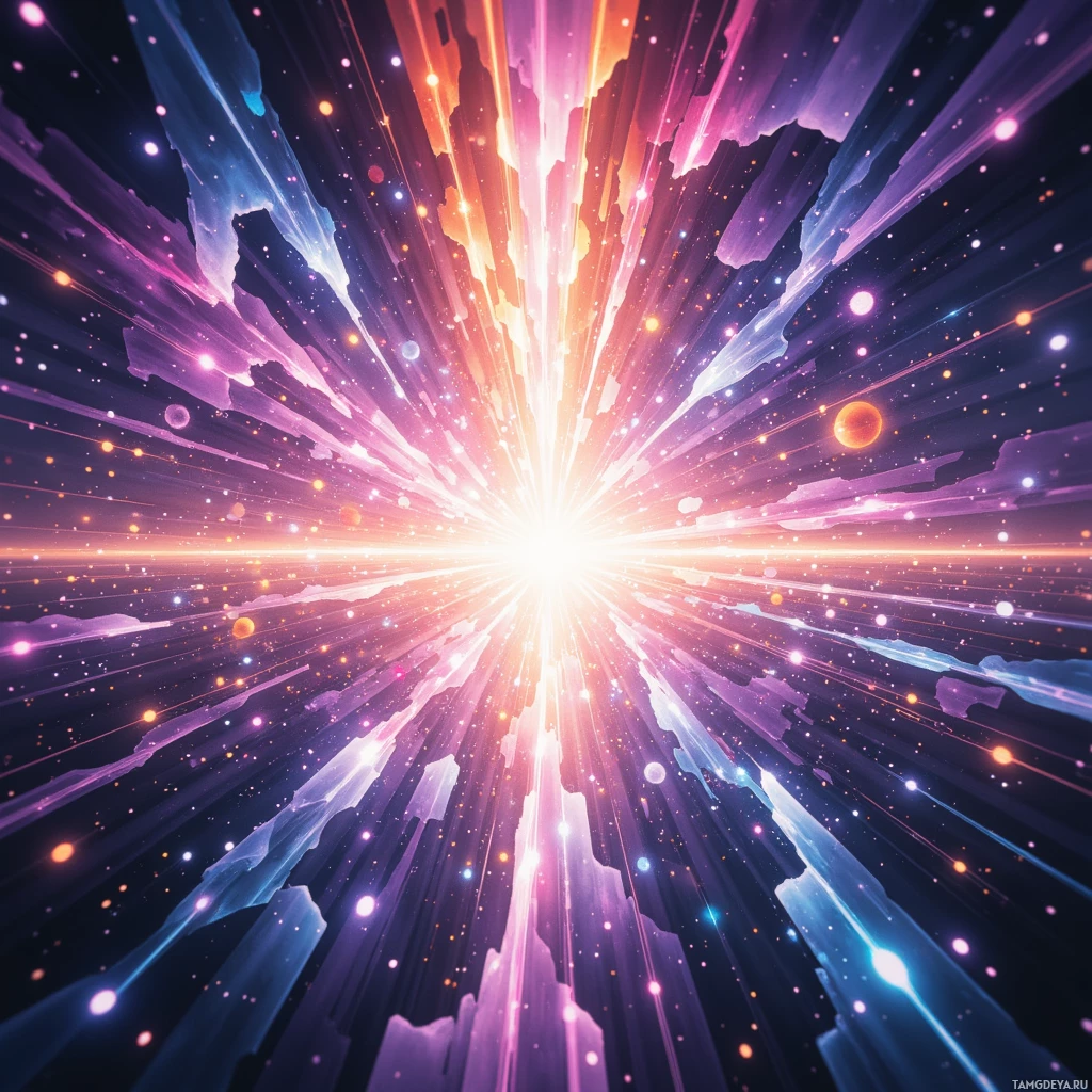 Яркая космическая сцена, залитая сияющими лучами света и усеянная звездами.