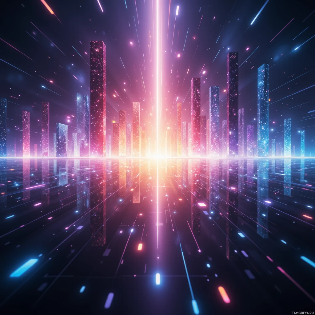 Футуристический городской пейзаж с сияющими вертикальными конструкциями и полосами света на тёмном фоне.