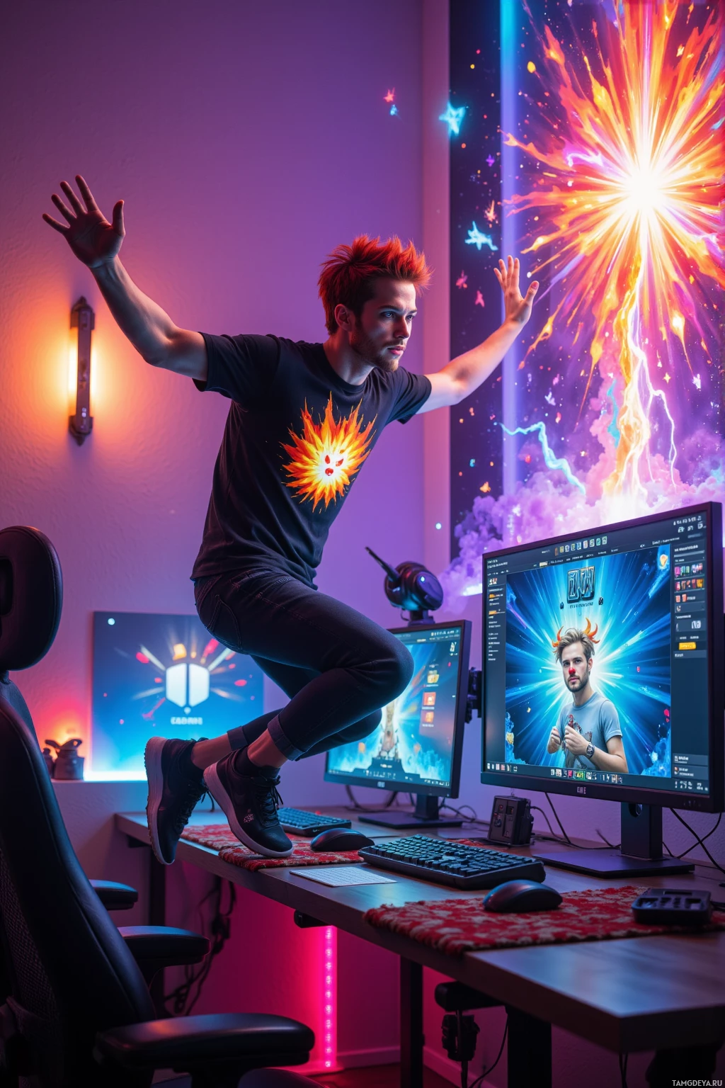 Человек балансирует на столе в яркой, красочной комнате с несколькими мониторами, на которых отображаются динамичные графические изображения.