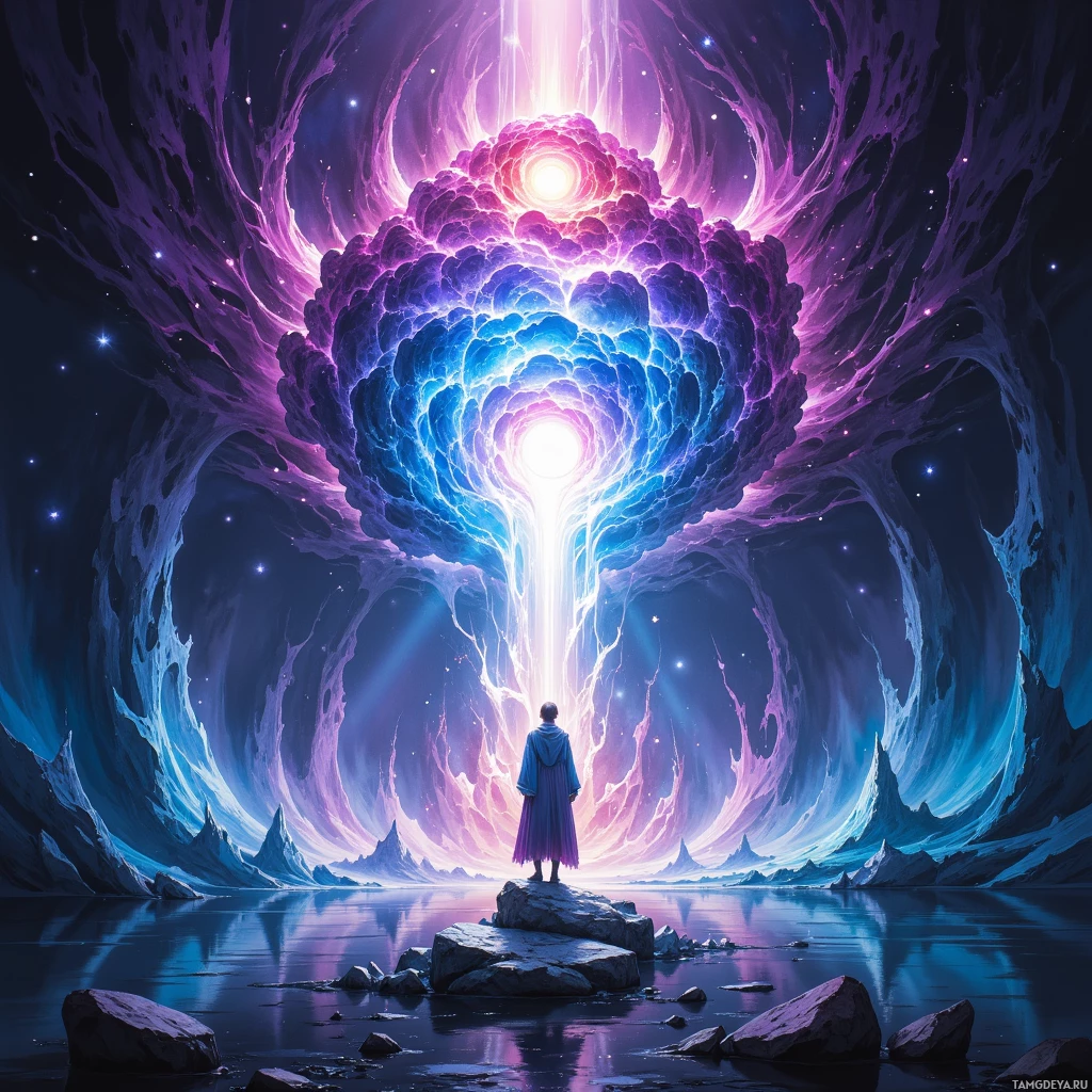Человек стоит на скале в безмятежном, космическом пейзаже, над которым сияет неземной портал.