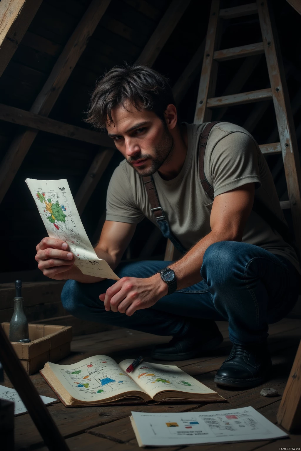 Мужчина в спецовке склонился в деревенской обстановке, изучая карту и какие-то бумаги.