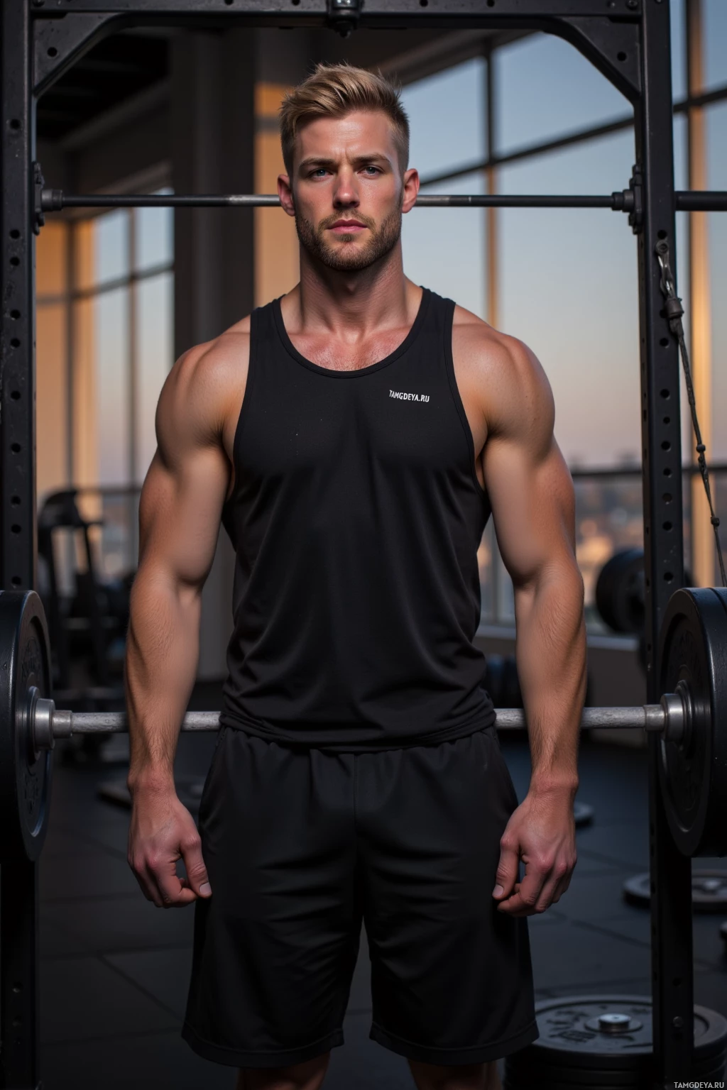Мускулистый мужчина в спортзале в черной майке и шортах.