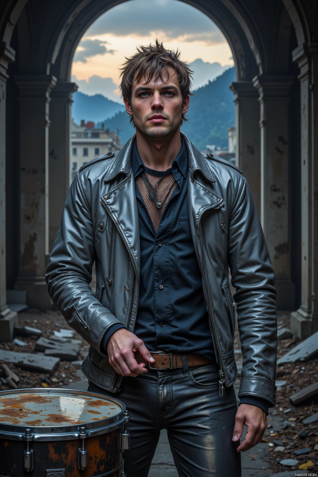 Мужчина в кожаной куртке стоит в арке, на переднем плане — барабан.