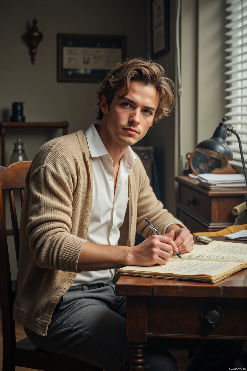 Мужчина сидит за столом и что-то записывает в блокнот ручкой.