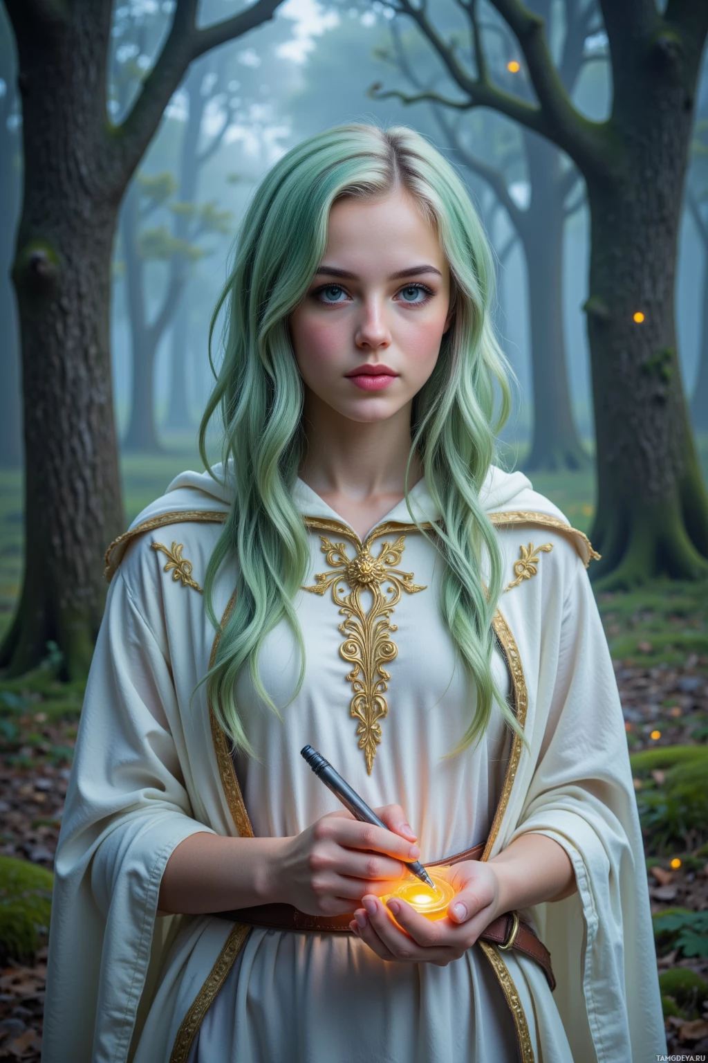 В туманном лесу стоит человек в белом одеянии с золотой вышивкой, держа в руках светящийся предмет.