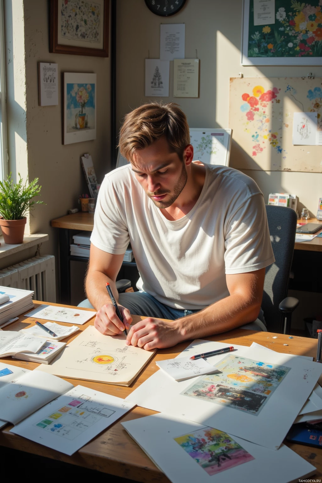 Мужчина сидит за столом в светлой комнате и что-то записывает или рисует в блокноте.