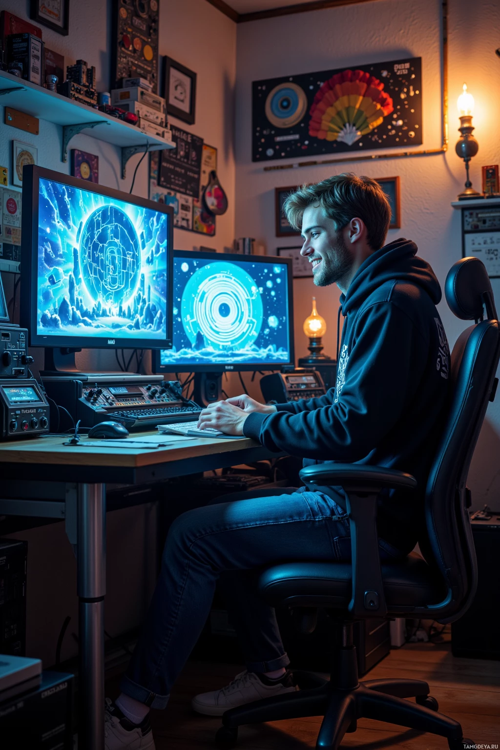 Человек сидит за столом в полумраке, работая за компьютером с двумя мониторами, на которых отображаются футуристические изображения.