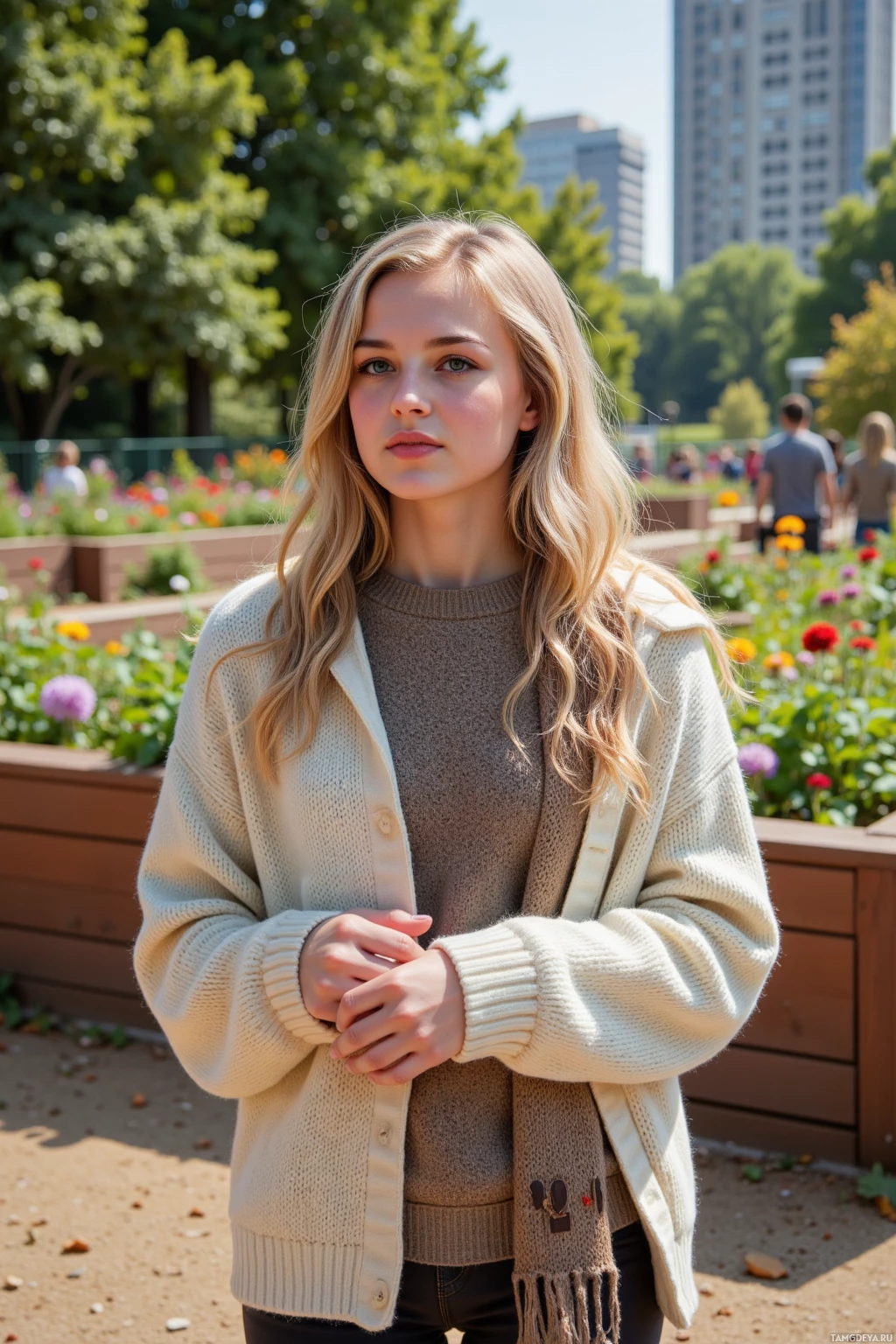 Человек стоит в парке, одетый в бежевый кардиган и коричневый свитер, на фоне зелени и зданий.