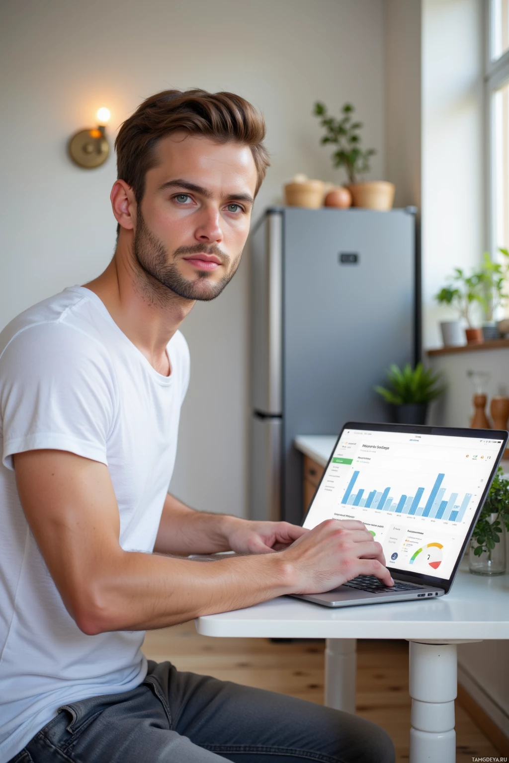 Мужчина в белой футболке работает за ноутбуком за столом на современной кухне.