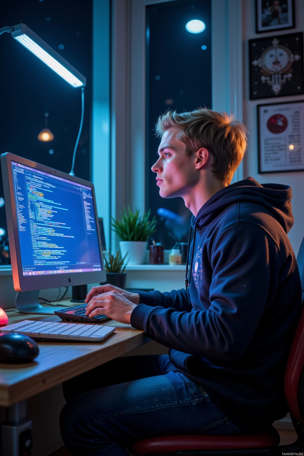 Человек сидит за столом и работает за компьютером, на экране которого отображается код.