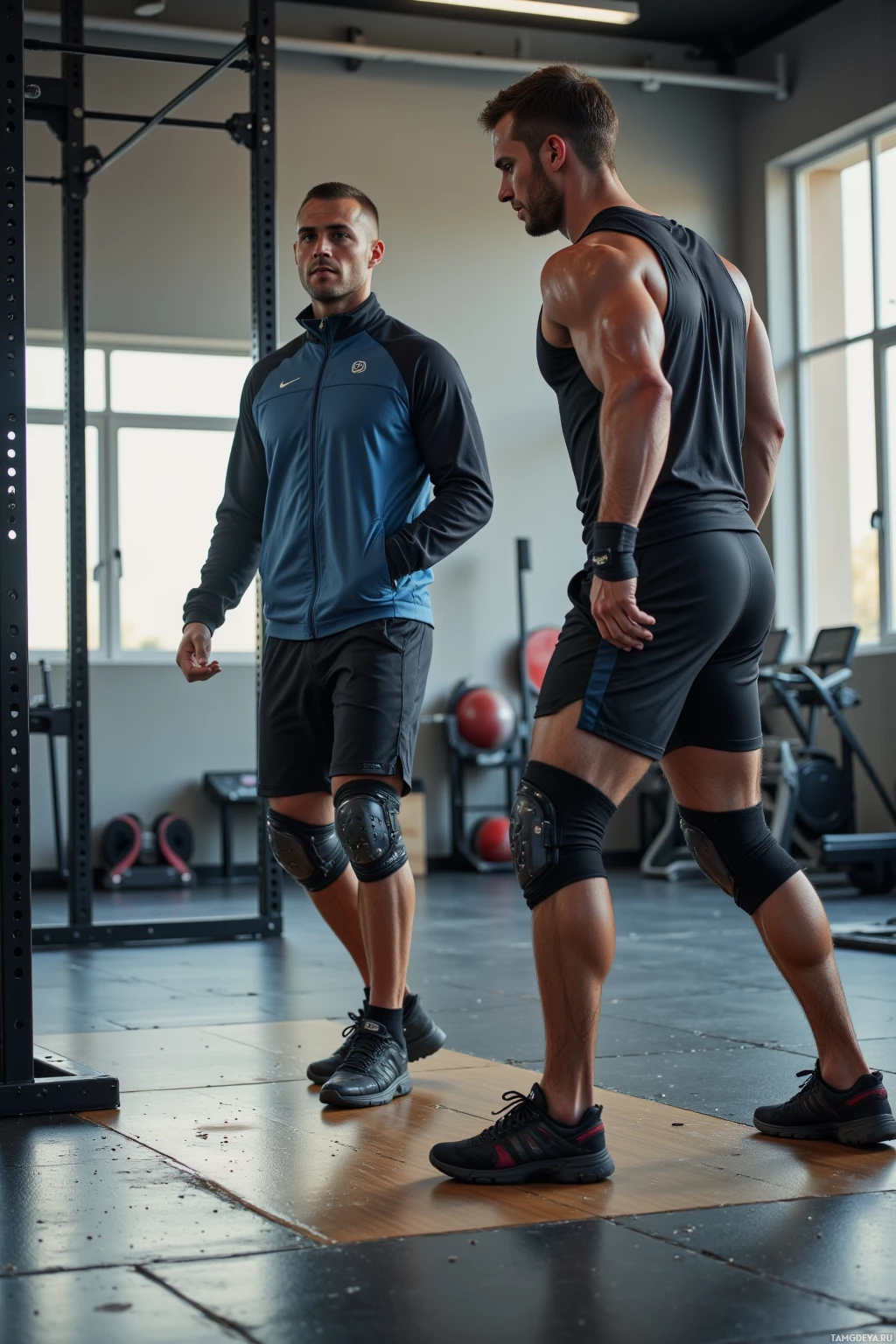 Два мужчины в спортзале: один в куртке, другой в спортивной форме, стоят и смотрят друг на друга.