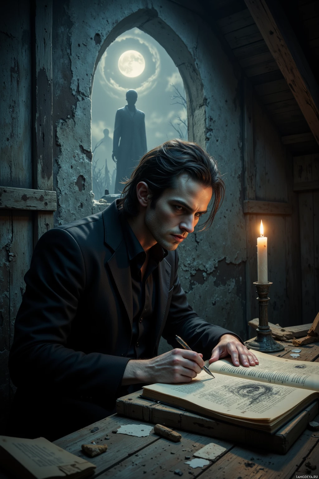 Мужчина в темном костюме сидит за столом и пишет в книге при свете свечи, на фоне арки в окне виднеется призрачная фигура.