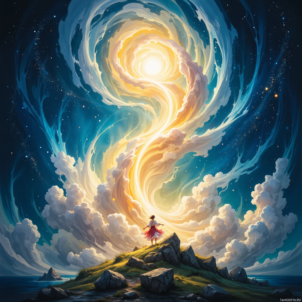 Спокойный пейзаж: на небе – вихревые облака, а на зеленом холме, с которого открывается вид на море, стоит человек.